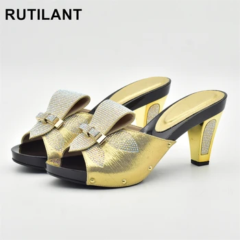 Женские тапочки золотого цвета, африканские женские свадебные туфли, элегантные итальянские женские туфли на высоком каблуке с камнями, женские летние туфли-лодочки